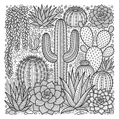 Dive into a world of detailed desert beauty with this stunning adult coloring page featuring an array of cacti and succulents. Perfect for unwinding and finding your inner calm through intricate patterns.