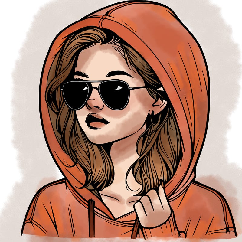realistic teenage girl, wearing a hoodie and sunglasses