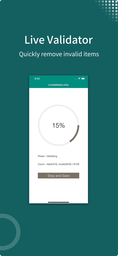 zFuse - Video Player - The zFuse Live Validator interface showing the progress of validating an m3u playlist to remove invalid items.
