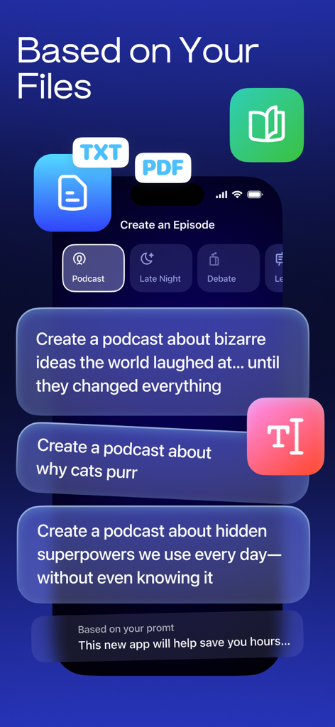 AI Podcasts by Speechify - Interfaz que muestra cómo crear podcasts de IA a partir de archivos PDF y de texto utilizando varios formatos como Debate y Late Night Show