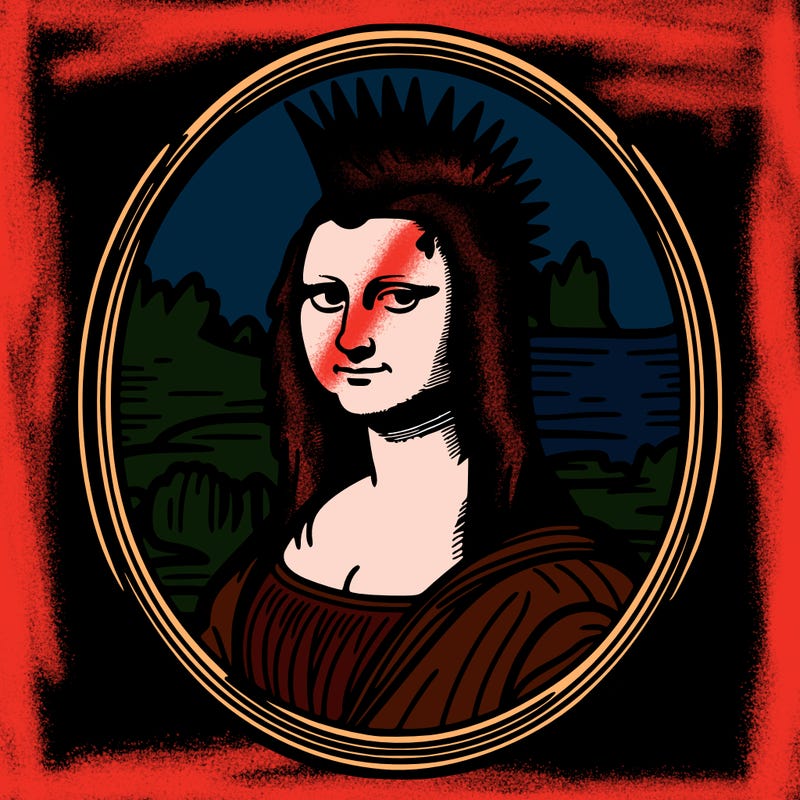leonardo da vinci's "mona lisa" with punk hairstyle, realistic, thin borders