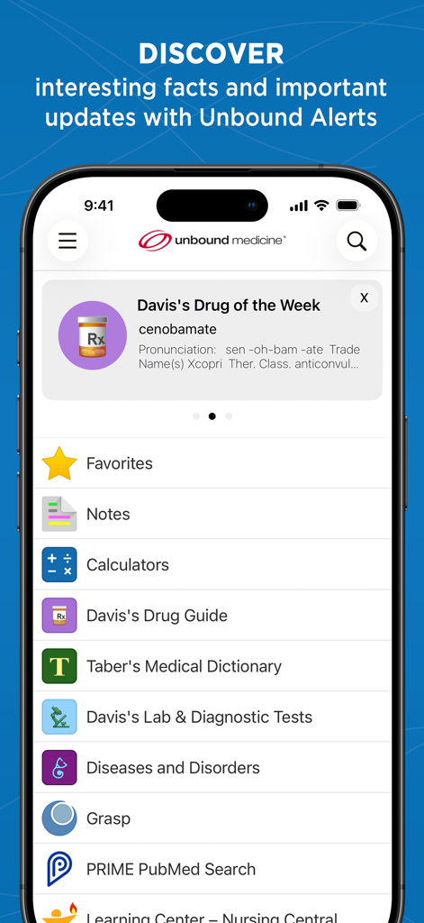 Painel do aplicativo Nursing Central mostrando recursos clínicos como guias de medicamentos e dicionários médicos.