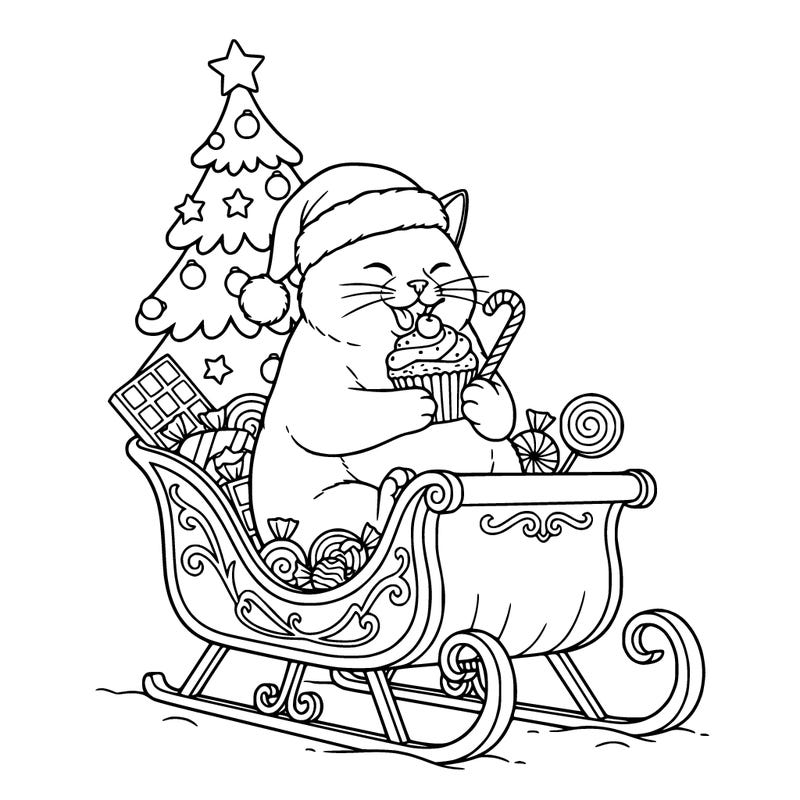 a cat eating sweets with a santa hat in a sleigh with a christmas tree in the back of the sleigh