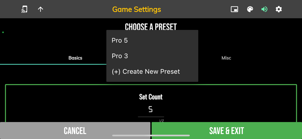 Interface of BT Tennis Camera app showing game settings and match preset options