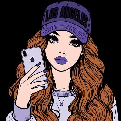 realistic beautiful girl wearing los ángeles cap holding an iphone