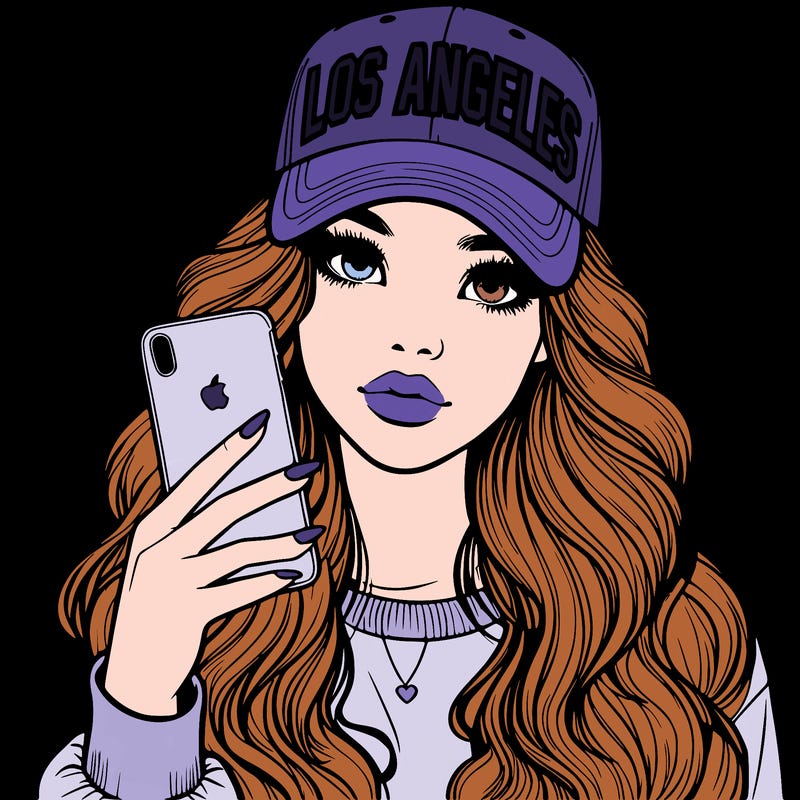 realistic beautiful girl wearing los ángeles cap holding an iphone