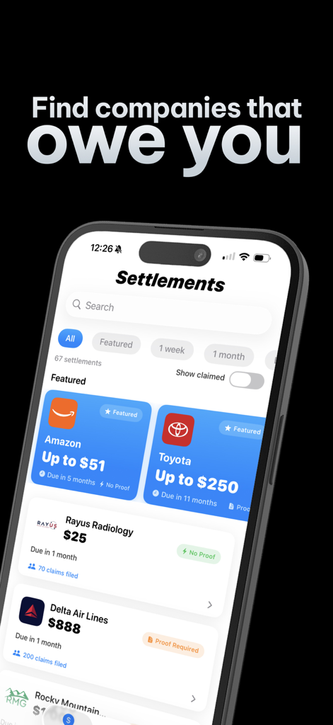 Screenshot of the Settlement Finder app listing active class action settlements and estimated payouts for major companies like Amazon and Toyota.