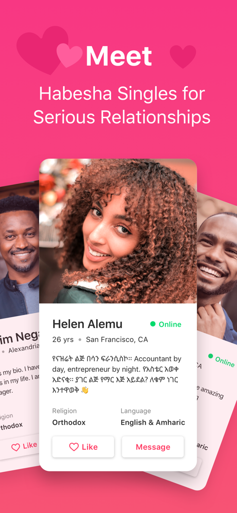 Kum Neger - Habesha Dating - Profile screen of the Kum Neger Habesha dating app featuring a young woman's profile with details like location and religion.