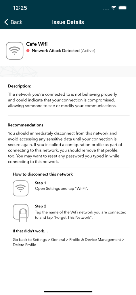 Lookout for Work - Pantalla de la aplicación Lookout for Work que muestra una alerta de ataque de red para una conexión Wi-Fi pública con instrucciones para desconectarse.