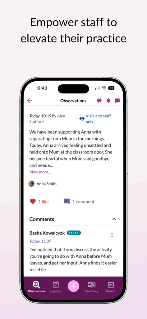 Tapestry app interface showing staff observations and internal communication about student progress