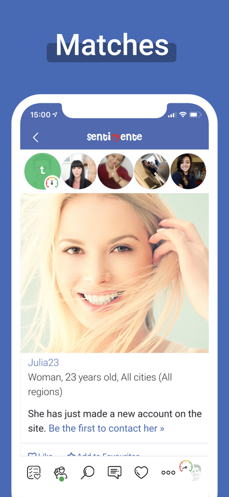 Sentimente - Sentimente dating app matches screen showing a woman's profile with name and age details