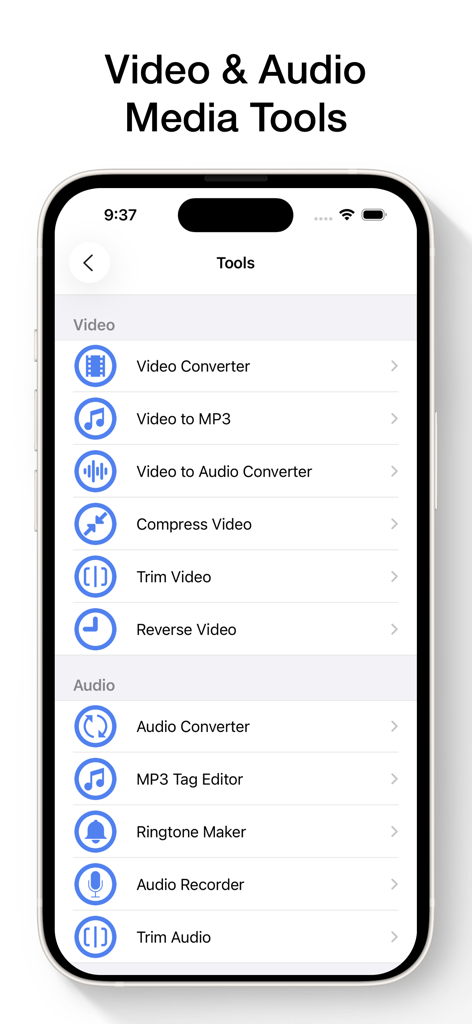 Mobile app interface displaying video and audio editing and conversion tools.