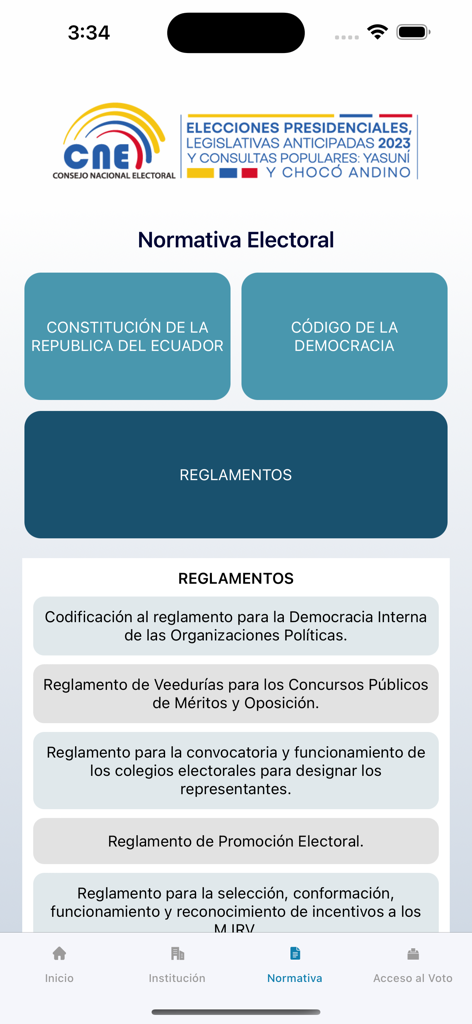 Screenshot of the CNE App electoral regulations menu