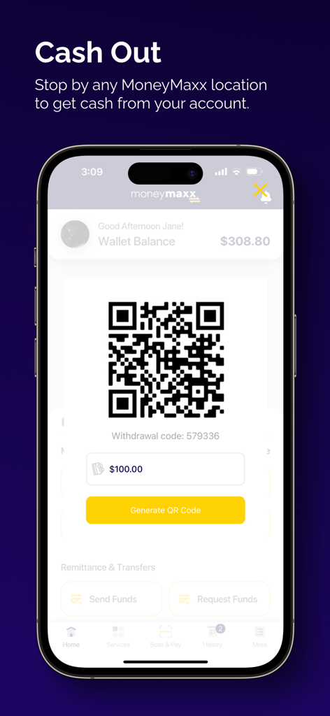 MoneyMaxx - MoneyMaxx App-Oberfläche, die die Funktion "Bargeldauszahlung" mit einem generierten QR-Code für eine Auszahlung zeigt