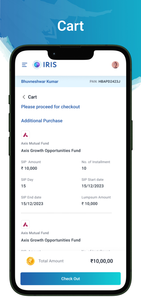 IRIS by Kfintech - Pantalla del carrito de compras en la aplicación IRIS by Kfintech que muestra los detalles de la compra de fondos mutuos y el monto total.