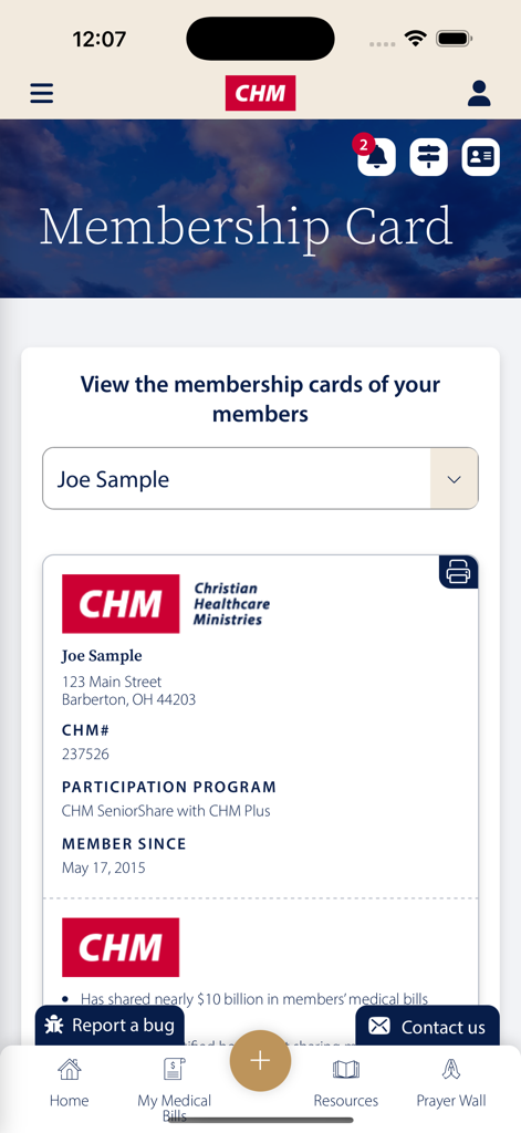 CHM Member Portal - 회원 세부 정보 및 프로그램 정보를 포함한 디지털 멤버십 카드를 보여주는 CHM 회원 포털 모바일 앱 인터페이스
