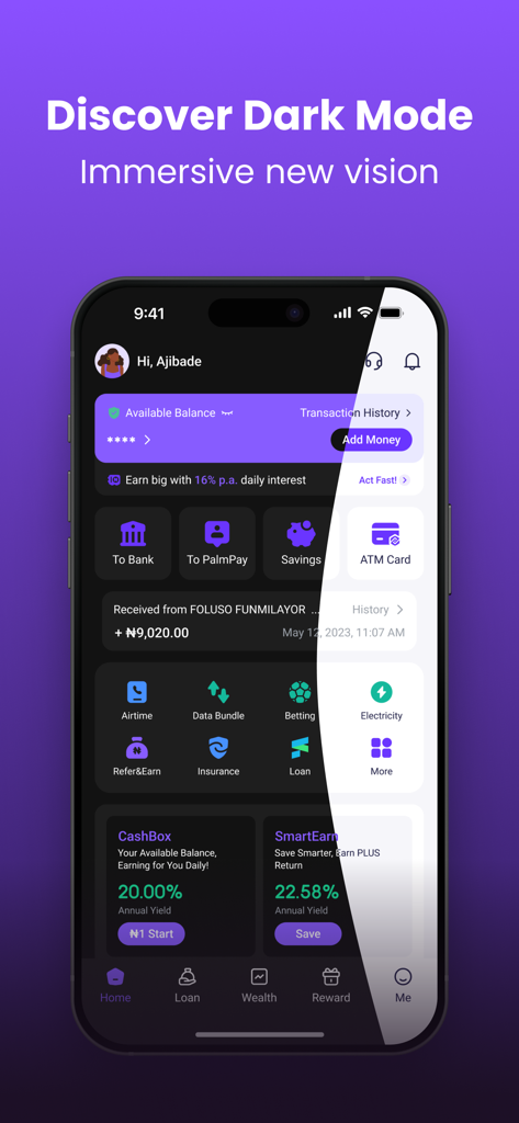 Interfaz de la aplicación móvil PalmPay que muestra una comparación entre el modo oscuro y el modo claro