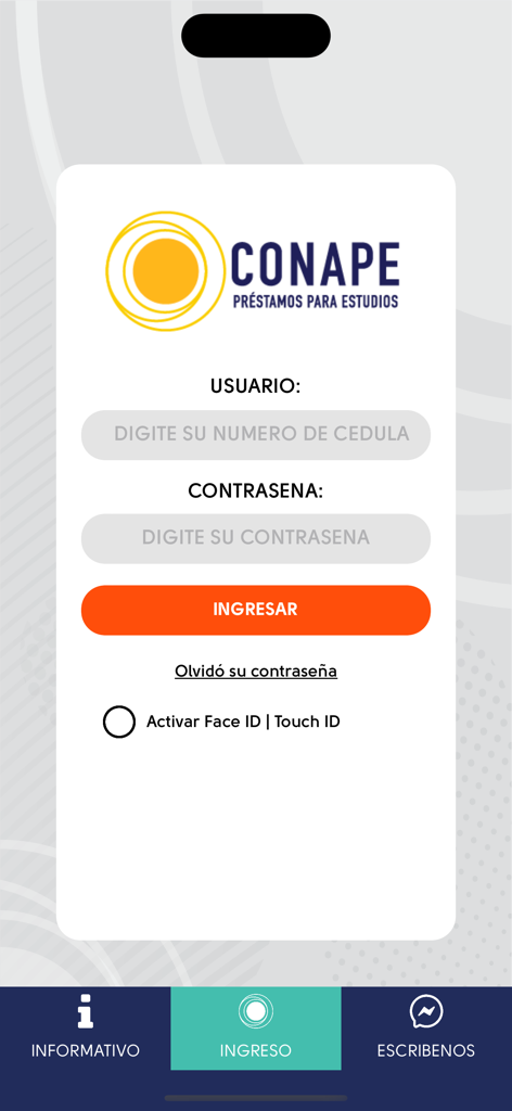 Conape app login screen for educational loan management with fields for ID and password.