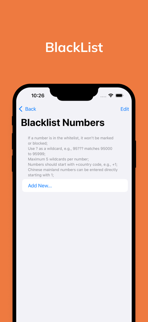 A tela de configuração de números da lista de bloqueio no aplicativo Call Guardian para bloquear chamadas de spam.