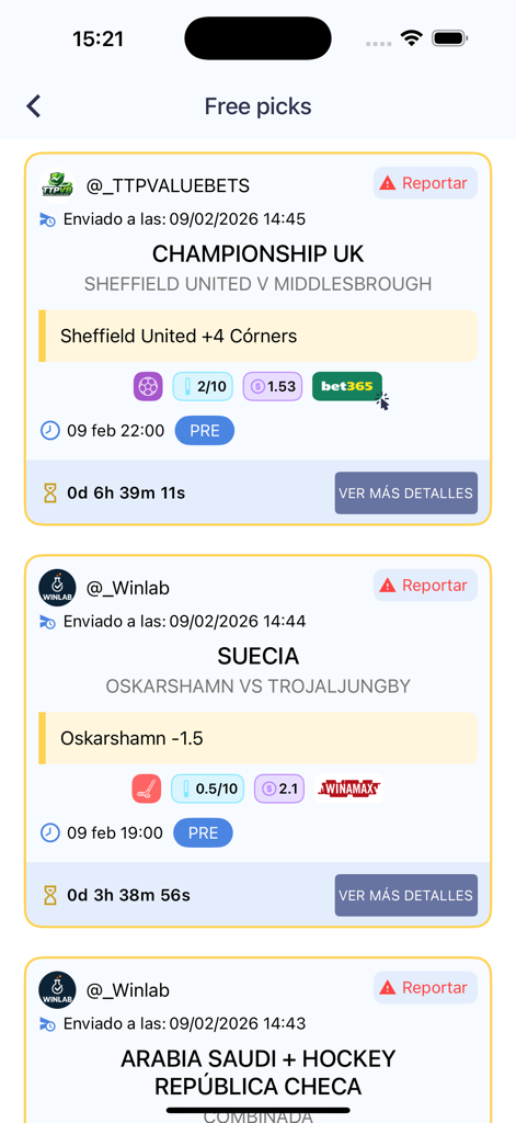 Tipsterland - Apuestas - Ein Feed mit kostenlosen Sportwetten-Tipps in der Tipsterland App, der Quoten und Spieldetails zeigt