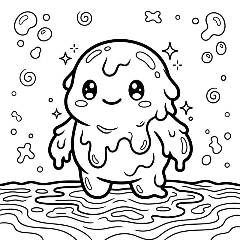 Meet our super cute Kawaii Tar Monster, ready for a splash of color! This friendly, blobby creature is designed with thick lines and simple shapes, perfect for young artists to enjoy.