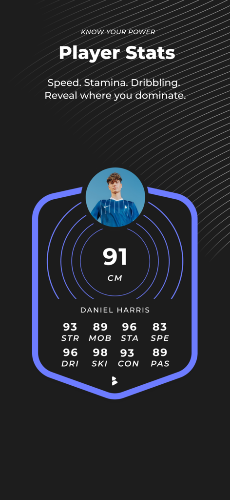 A gamified soccer player card in the B42 app displaying athlete performance statistics like speed stamina and dribbling