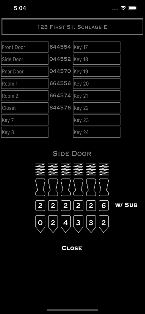 The Master It app interface displaying a master key bitting list and a visual pinning diagram for a door lock.