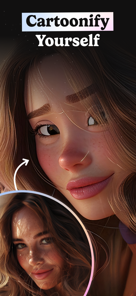 A side-by-side comparison of a real photo being transformed into a 3D animated cartoon character using the Dali AI app