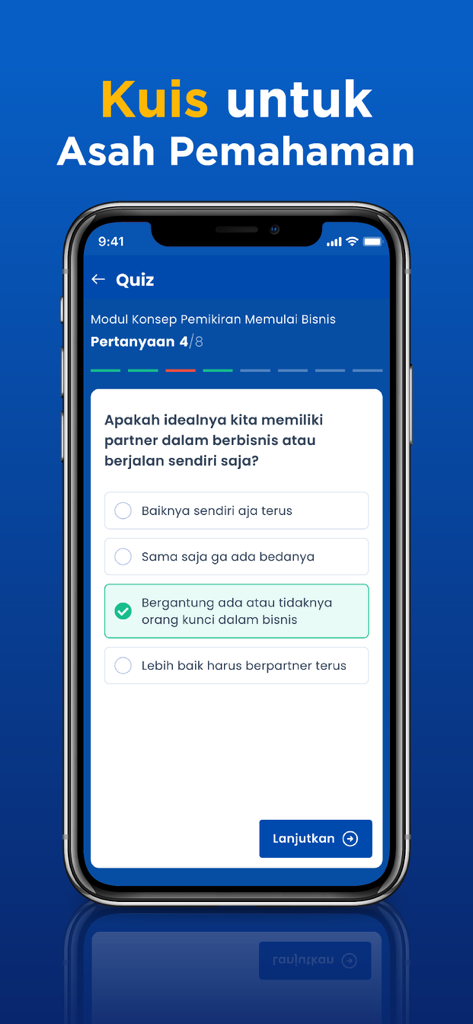 GrowWin by AsahPolaPikir - Tela do aplicativo móvel GrowWin exibindo uma questão de quiz de negócios com respostas de múltipla escolha