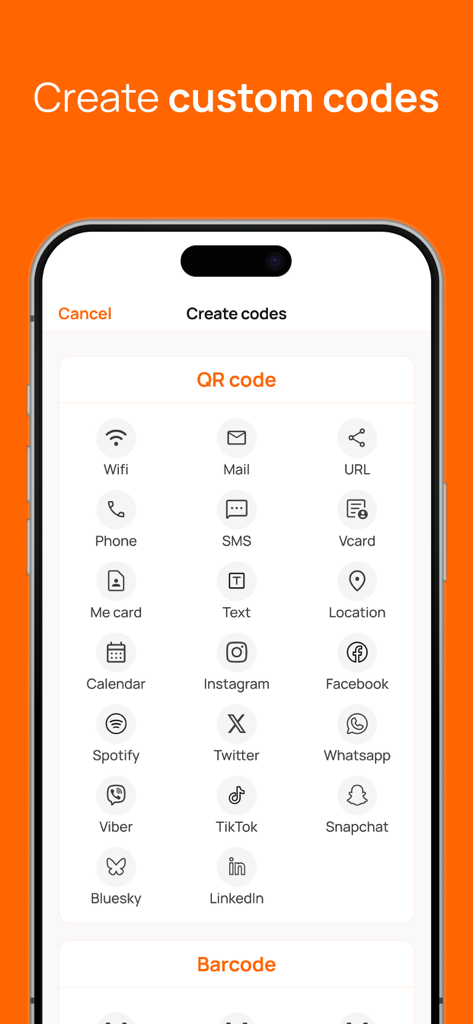A menu of custom QR code creation options for social media and utility links.