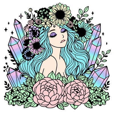 complex woman with flowers, crystals