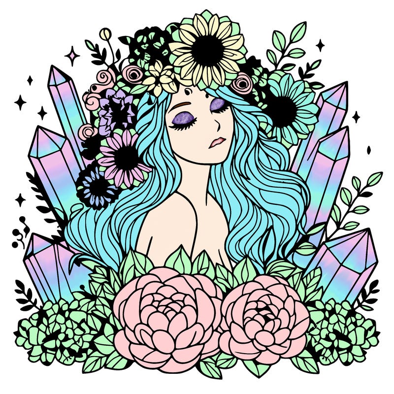 complex woman with flowers, crystals