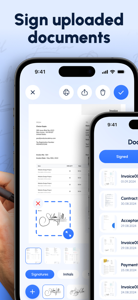 Un écran d'iPhone affichant une signature numérique appliquée à une facture téléchargée dans l'application.