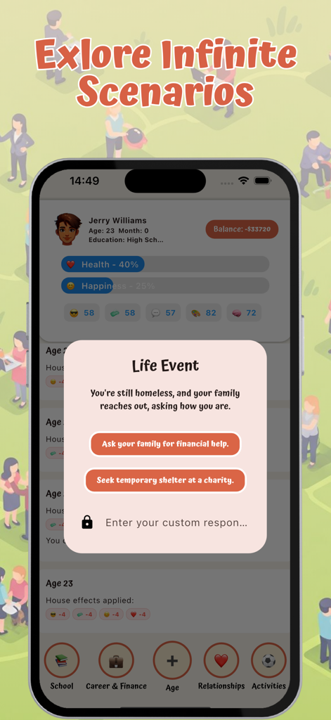 Infinite Life Simulation - Una captura de pantalla del juego que muestra un escenario de decisión de evento de vida dentro de la interfaz de la aplicación Simulación de Vida Infinita