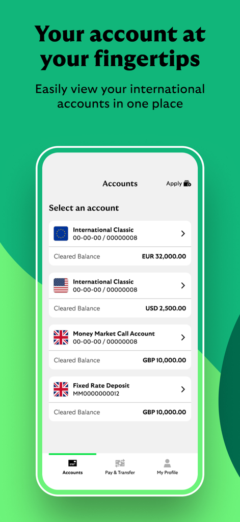 Mobile screen showing a summary of international bank accounts in multiple currencies including EUR USD and GBP