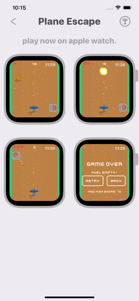 Wrist Arcade 10-in-1 - Múltiples pantallas de Apple Watch que muestran la jugabilidad y la pantalla de fin de juego para Plane Escape