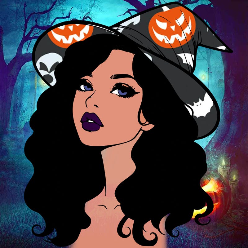 realistic witch girl with wavy hair and lips