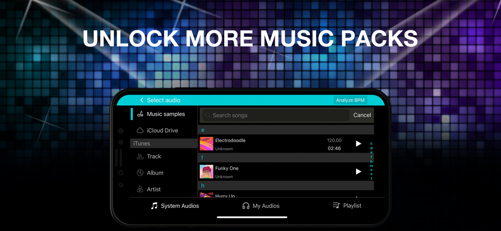 DJ Mixer Studio Pro:Mix Music - 로컬 라이브러리 및 iTunes에서 음악 트랙을 선택하는 DJ Mixer Studio Pro 인터페이스