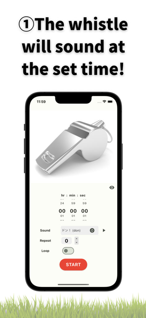 whistle sound alarm timer Pro - Mobile app interface showing a whistle image and a timer setup for sports coaching and training.