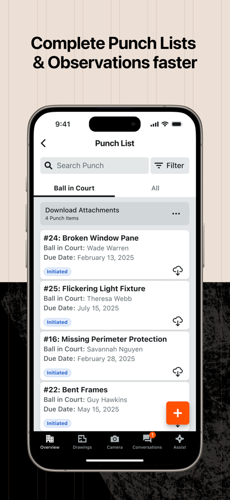 Procore - Procore mobile app interface showing a construction punch list with tasks and due dates on an iPhone screen.