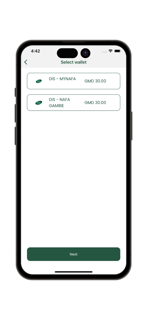 SIKACASH+ - Sikacash mobile app screen for selecting a digital wallet with Gambian Dalasi balances