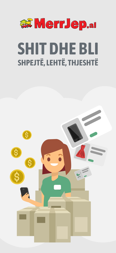 MerrJep Albania - MerrJep Albania app illustration showing a woman selling and buying items online