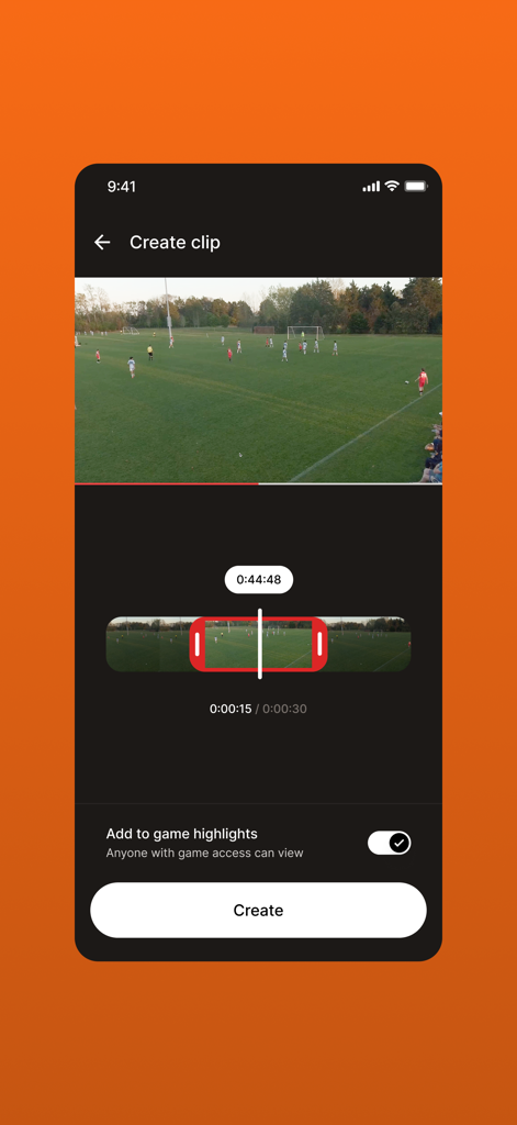 축구 경기 하이라이트 클립을 만들기 위한 비디오 편집 도구를 보여주는 모바일 인터페이스