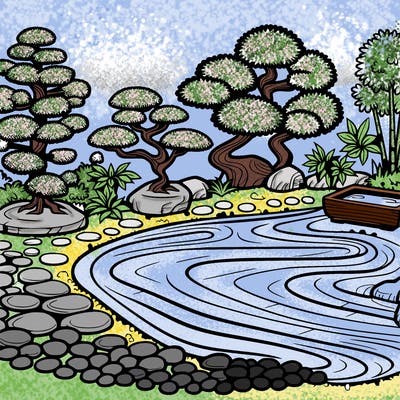 a serene zen garden with raked gravel, bonsai trees, and tranquil ponds