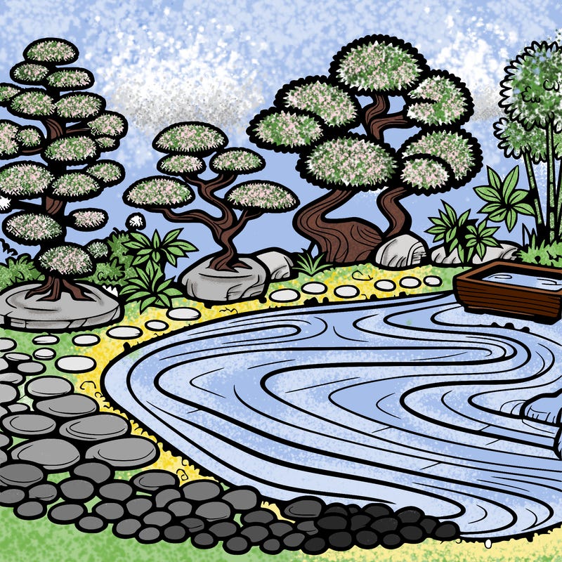 a serene zen garden with raked gravel, bonsai trees, and tranquil ponds