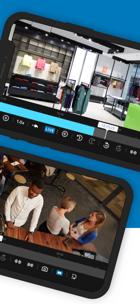 DS cam mobile app showing live and recorded surveillance footage of a retail store and a cafe