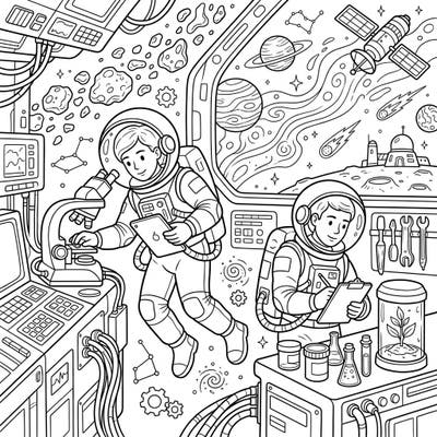 Embark on an epic cosmic journey with our Astronaut Scientists coloring page, featuring two dedicated researchers at work in a bustling space station. This detailed design invites you to color a universe brimming with scientific discovery and celestial wonders.