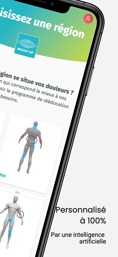Recov'up - Interface do aplicativo Recov'up mostrando um mapa corporal 3D para selecionar áreas de dor específicas para um programa de reabilitação personalizado impulsionado por IA.