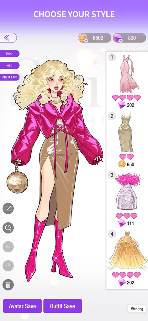 A fashion avatar in the SuitU app wearing a pink puffer jacket with a sidebar of dress options for selection
