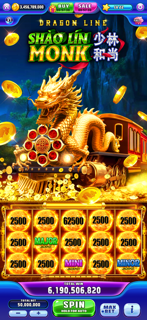Dragon Jackpot Slots Casino - Shaolin Monk slot machine gameplay featuring a golden dragon train and money ball jackpots